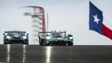 The number 007 Aston Martin Valkyrie leads the number 27 Vantage GT3 at the Circuit of the Americas