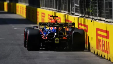 Rear view of a Red Bull RB22 along the Pirelli barriers of the Baku City Circuit on Thursday of the 2026 Azerbaijan Grand Prix